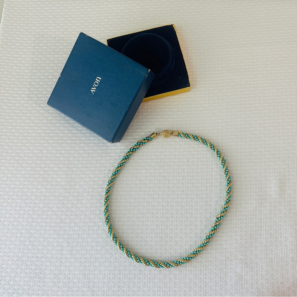 Vintage Gold Plated Turquoise Rope Twist Necklace 20” Signed Avon 1972 - Picture 2 of 11
